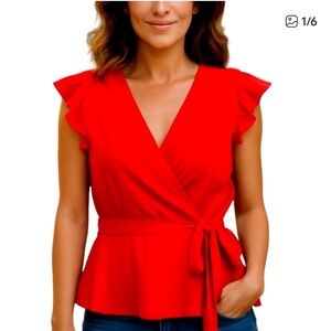 NWOT Monteau Los Angeles red flutter‎ cross front blouse size Medium